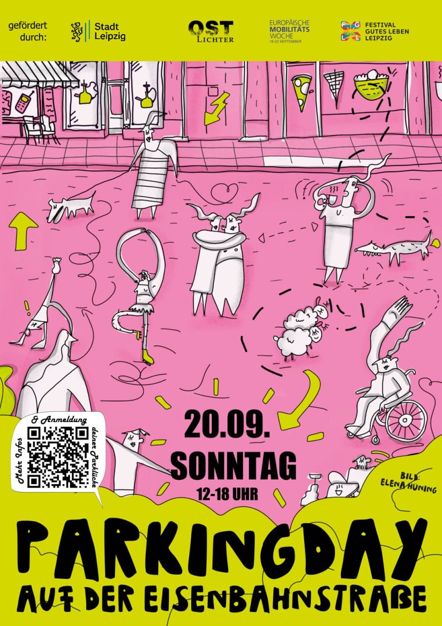 PARKING DAY 2026 Flyer: handgezeichnete Illustration von Menschen und Tieren auf der pinken Eisenbahnstra&szlig;e, Termin 20.09. Sonntag 12-18 Uhr